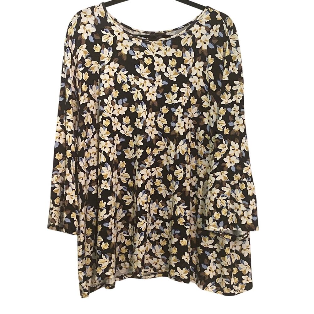 J Jill Wearever 3X Floral Tunic Top Black Stretch Travel No Wrinkle Packable